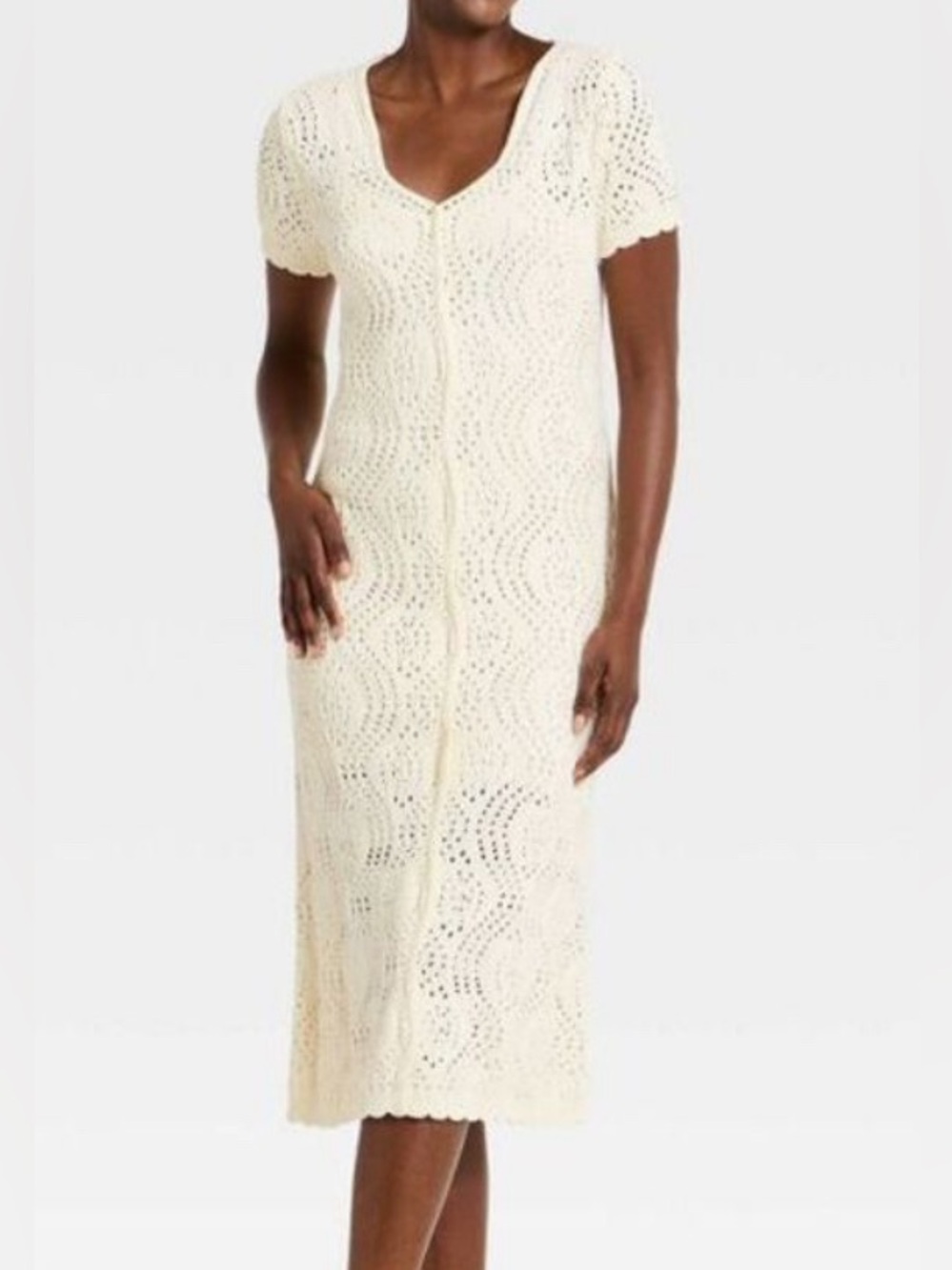 Women's Western Short Sleeve Scalloped Crafted Midi A-Line Dress